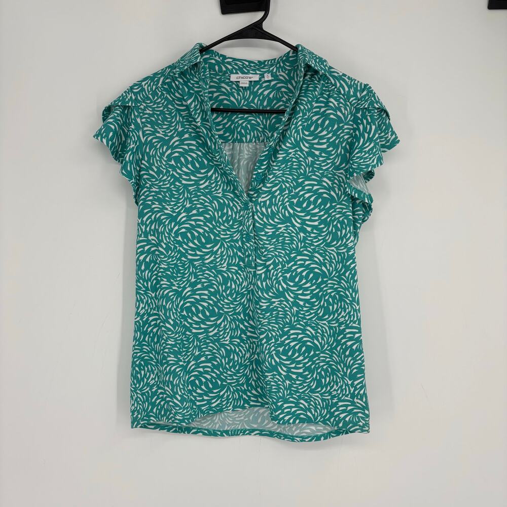Chico’s Teal Flutter Sleeve Polo Golf Shirt Size Small Preppy